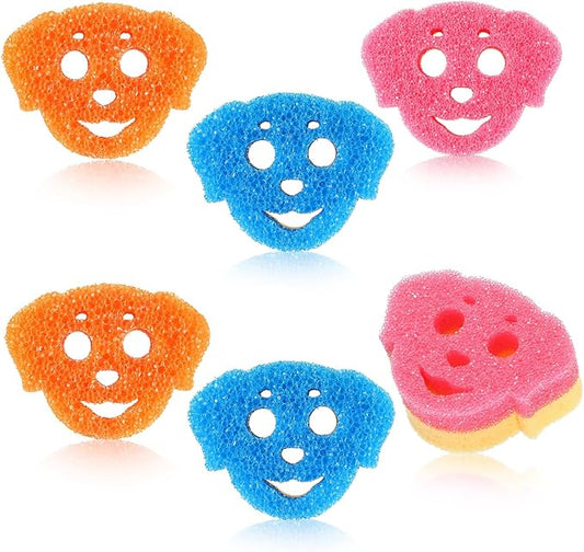 6 Pcs Dog Dual Sided Scrub Sponge Cleaning Sponges Cute Temperature Sensitive Dish Sponges for Washing Dishes Non Scratch Household Multi Use Sponges Scrubber for Kitchen, 3 Colors