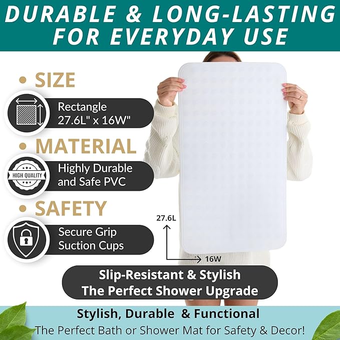 ENKOSI Non Slip Bath Mat for Tub and Shower Floors – Anti Slip Shower Mat with Secure Suction Cup Grip – Soft White Bathtub Mat for Inside Bath Tub and Smooth Bathroom Stalls (28x16 White)