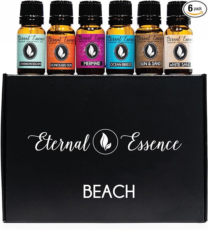 Eternal Essence Oils Beach Set of 6 Premium Fragrance Oils - Includes White Sand, Ocean Breeze, Honolulu Sun, Mermaid, Caribbean Escape, and Sun & Sand Scented Oils - 10ML