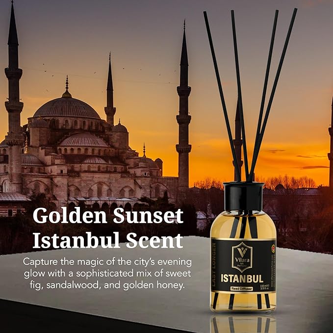 Istanbul Reed Diffuser Set - Luxury Reed Diffusers for Home - Natural Sticks, Long-Lasting Scent - Bathroom, Bedroom, Living Room Decor for Table, Shelves, Nightstand - 3.72 fl oz