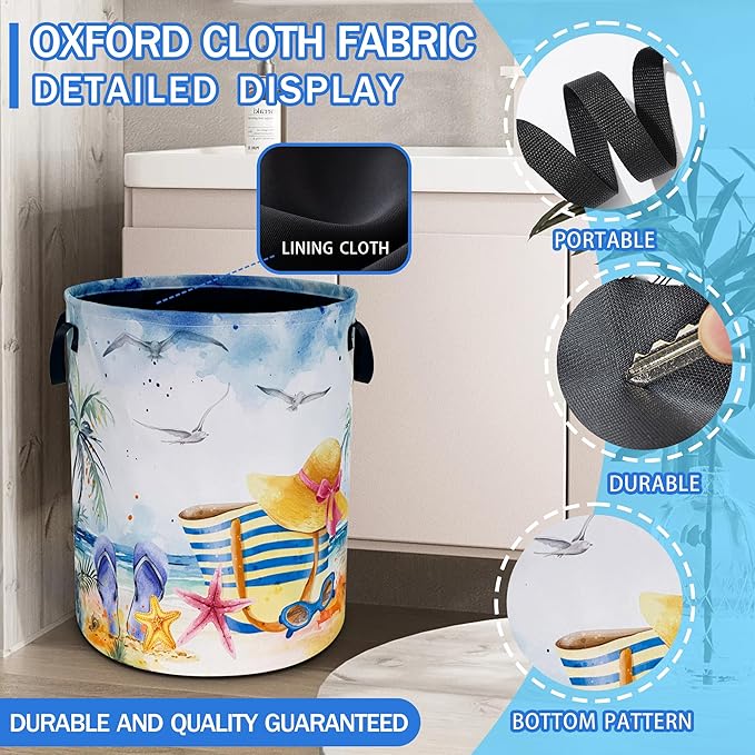 Hawaiian Beach Laundry Basket Oxford Cloth Palm Tree Slippers Laundry Hamper With Handle Foldable Portable Clothes Storage Basket 18.9 X 16.5 In Storage Bag For Laundry Room/Bathroom/Bedroom