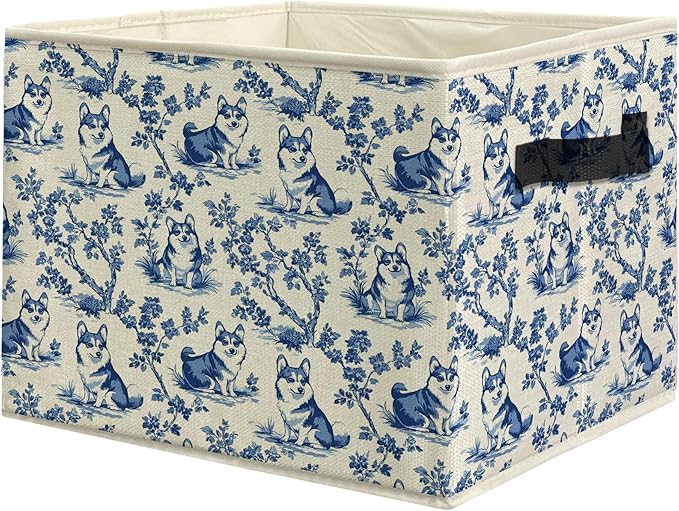 Vintage Blue Chinoiserie Corgi Dog Storage Bins, Corgi Lover Gifts, French Country Toile Dog Collapsible Storage Box Laundry Basket with Handle for Bedroom Bathroom Office Clothes Toys Books