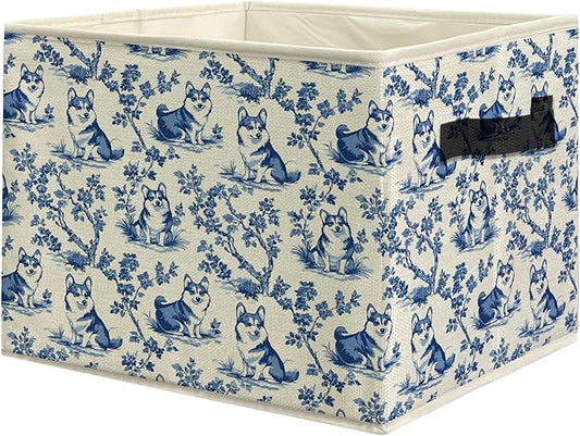 Vintage Blue Chinoiserie Corgi Dog Storage Bins, Corgi Lover Gifts, French Country Toile Dog Collapsible Storage Box Laundry Basket with Handle for Bedroom Bathroom Office Clothes Toys Books