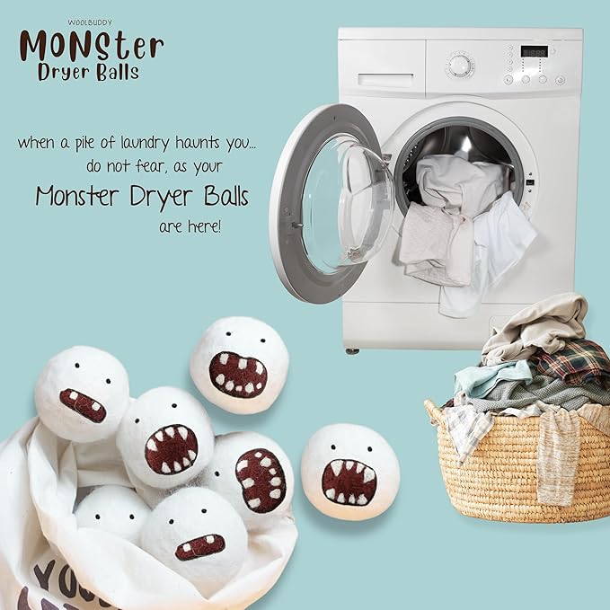 Woolbuddy Dryer Balls, 6-Pack Reusable Wool Laundry Accessories, Monster Design for Pet Hair Removal, Home Essentials, Cute and Efficient Drying Solution