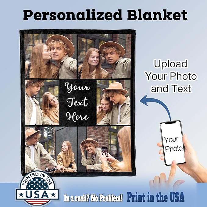 Ships Next Day Custom Photo Blanket for Mothers Day Personalized Thows Blanket with Picture Valentine Day Birthday Gift for Girlfriend Boyfriend Customized Gifts for Her/Him - Printed in USA