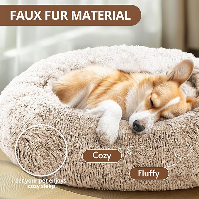 JOLLYVOGUE Small Dog & Cat Beds for Indoor Cats, Donut Cuddler Warming Soft Dog Beds with Anti-Slip Bottom, Round Calming Fluffy Plush Faux Fur Cushion Bed for Small Dogs (20")