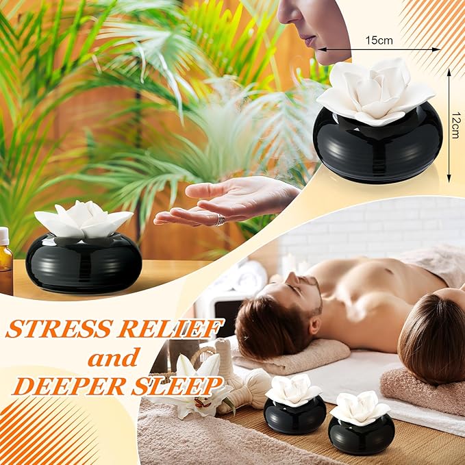 Honeydak Flower Passive Essential Oil Diffuser Stone White Ceramic Porcelain Floral Diffuser with Container Non Electric Handmade Decorative Tabletops Home Decoration Christmas