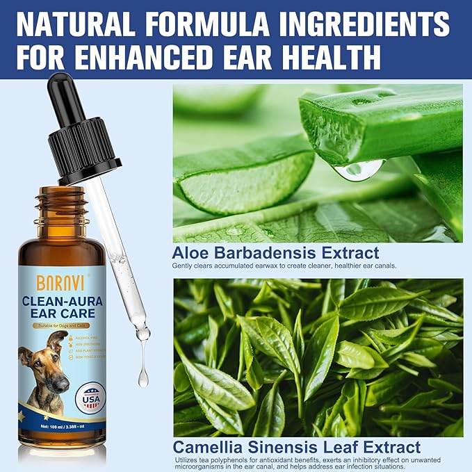 BARAVI Clean Aura Ear Care for Dogs & Cats - 3.38 fl oz (100ml) Natural Formula, Nourish & Soothe Pet Ear Comfort (Blue, S)
