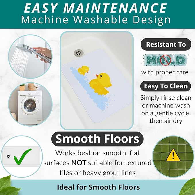 ENKOSI Non Slip Bath Mat for Tub and Shower Floors – Anti Slip Shower Mat with Strong Secure Suction Cup Grip – Rubber Duck Print for Kids and Toddlers for Inside Bathroom Bathtub (28x16 Duck)