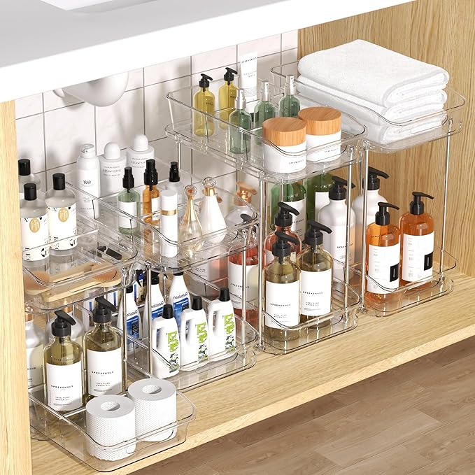 2 Tier Pull-Out Storage Organizer for Bathroom and Kitchen, Under Sink Organizer with Dividers, Ideal for Organizing Cupboard,Bathroom Vanities,Cabinet, Slide-Out Clear Storage, 4 Pack