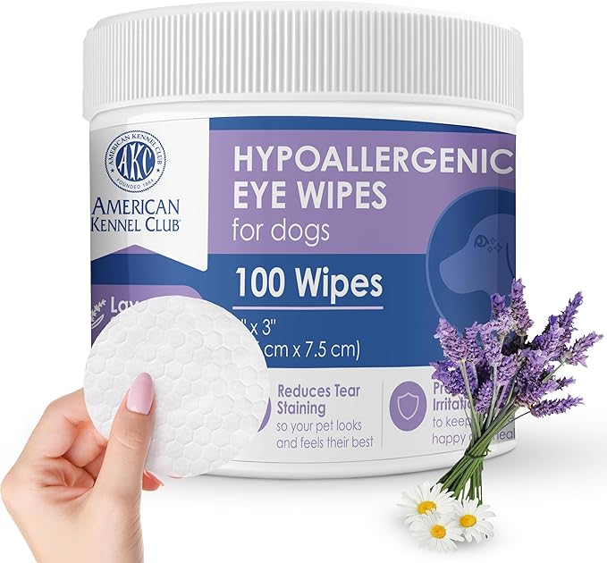 AKC Pet Eye Wipes for Dogs & Cats – Tear Stain Remover & Eye Discharge Cleaner – Hypoallergenic Grooming Wipes, 100 Count (Lavender Scent)