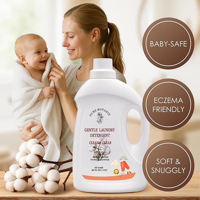 Unscented Plant-Based Laundry Detergent 68 Fl Oz | 66 Loads, Natural Hypoallergenic Non-Toxic Soap for Sensitive Baby Skin, HE-Compatible Concentrated Enzyme Stain Remover, Sulfate Free