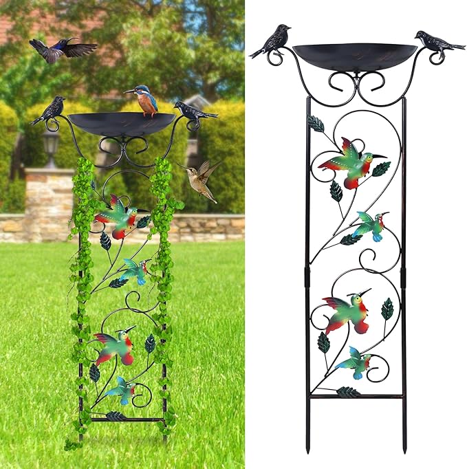 hogardeck 35” Metal Bird Bath with Garden Trellis for Climbing Plants Outdoor, Vintage Detachable Decorative Birdbath Bowl, Metal Plant Support for Climbing Flowers