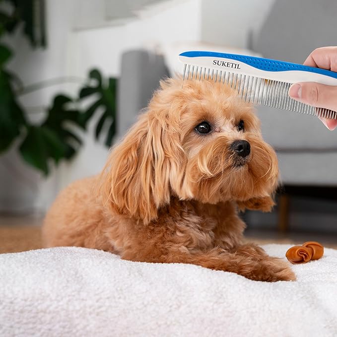 Dog Grooming Comb for Matting, Dog combs for grooming matting, Dematting Comb for Dogs and Cat with Stainless Steel Teeth & Non-Slip Handle (Style 1- Blue)