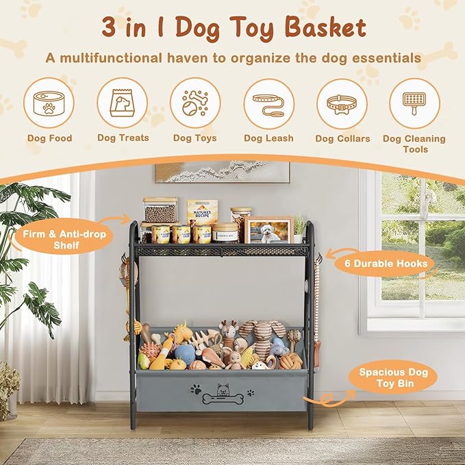 Large Dog Toy Basket, Dog Toy Bin with Storage Organizer, Trapezoid Dog Toy Box for Dog Stuff, Toy Holder Chest for Pet Dog Cat, Dog Essentials for Dog Accessories, Dog Gift Basket Living Room