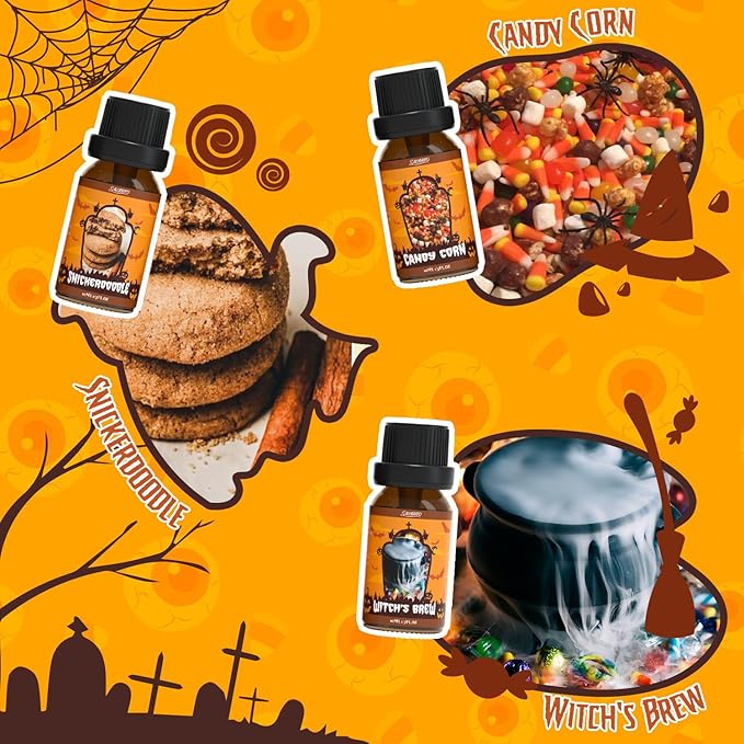 SALUBRITO Halloween Fragrance Oils Set, Funny Essential Oils Gift Set for Diffuser, Candle, Soap Making Scents, Pumpkin Pie, Spiced Cider, Caramel Apples, Candy Corn, Snickerdoodle, Witch's Brew