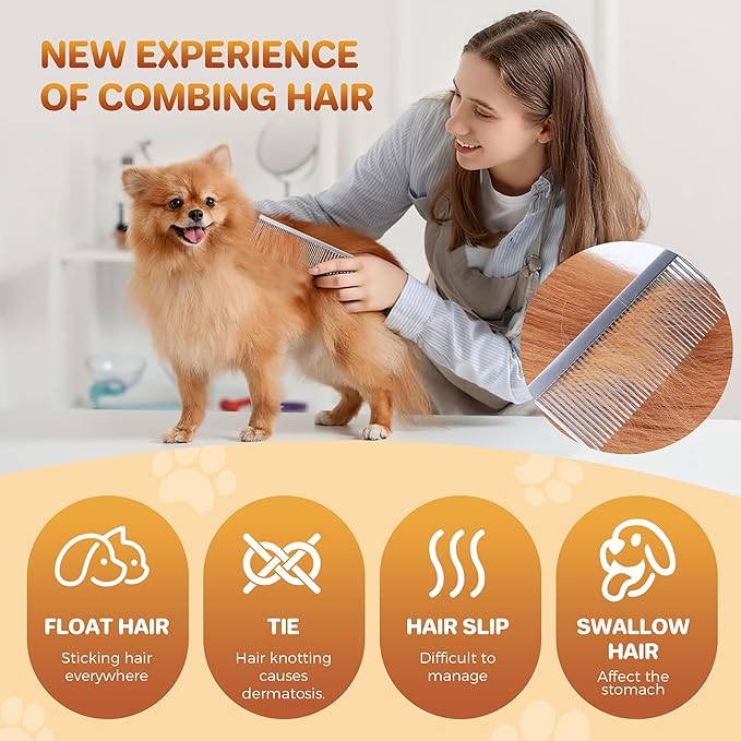 7.5 Inch Professional Solid Brass Stainless Steel Pet Dog Cat Grooming Comb,Wide & Dense Teeth for Removing Tangles, Knots,Undercoat,Excess Hair, Rounded Corners Design for Safe,Metal Dematting Tool