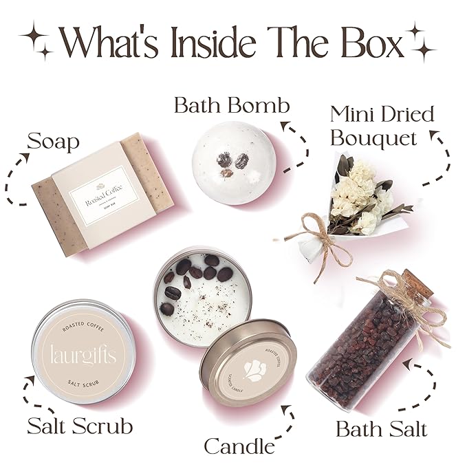 Coffee Spa Box for Women – Small Relaxing Self Care Basket with Coffee Scented Candle, Bath Bomb, Soap & Salt Scrub – Thoughtful Birthday, Thank You, Housewarming or Christmas Gift for Her