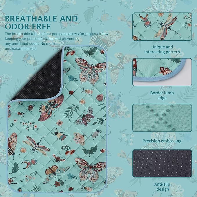 IEUUMLER Washable Pee Pads for Dogs, 2 Pack Insect Pattern Reusable Waterproof Puppy Potty Pads, Non-Slip Absorbent Pet Training Pads for Playpen Crate Bed EU014