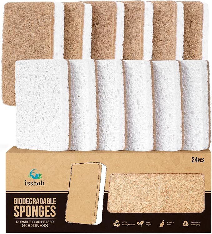 Plant-Based Kitchen Sponges - Natural, Eco-Friendly, Biodegradable Sisal Hemp Sponges for Dishes, Cleaning Sponge for Kitchen, Bathroom, Household - 24 Count
