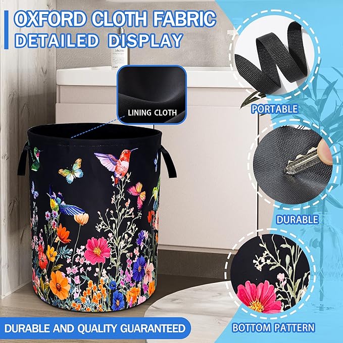 Hummingbird Flowers Laundry Basket Oxford Cloth Butterflies Laundry Hamper With Handle Foldable Portable Clothes Storage Basket 18.9 X 16.5 In Storage Bag For Laundry Room/Bathroom/Bedroom/Dormitories