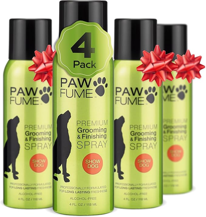Paw Fume Dog Perfume Spray Long Lasting Scent for Grooming, Show Dog, 4-Pack – Keep Your Pup Fresh All Day – Hypoallergenic, Alcohol-Free, Detangling Formula – Moisturizing Pet Cologne Spray for Dogs