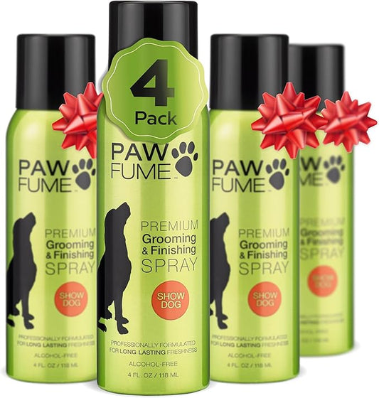 Paw Fume Dog Perfume Spray Long Lasting Scent for Grooming, Show Dog, 4-Pack – Keep Your Pup Fresh All Day – Hypoallergenic, Alcohol-Free, Detangling Formula – Moisturizing Pet Cologne Spray for Dogs