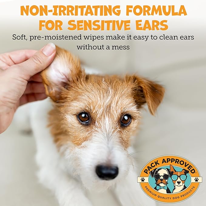 Ear Wipes for Dogs with Aloe Vera & Eucalyptus - Gentle Ear Cleaner for Dogs to Help Remove Wax and Odor - Convenient and Mess-Free Cleaning Pads for Dirty, Itchy Ears - 100 Wipes