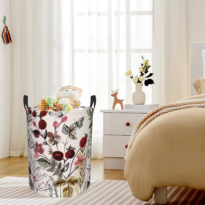 Retro Flower with Plants Laundry Basket,Waterproof Foldable Laundry Hamper,Dirty Clothes Laundry Basket, Linen Bin Storage Organizer for Toy Collection 16" x 20"