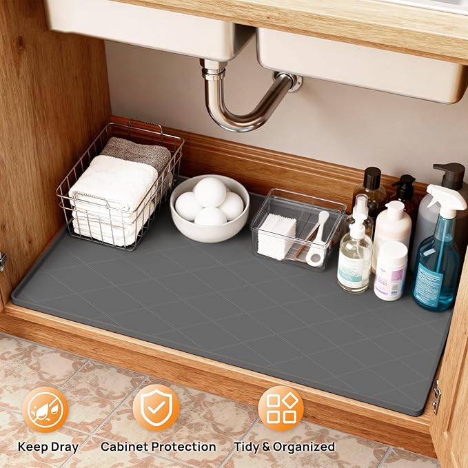 34" x 22" Silicone Under Sink Mat Thickened Kitchen Mat Shelf Liner Cabinet Protector Leakproof Under Sink Pad Waterproof Counter Protector