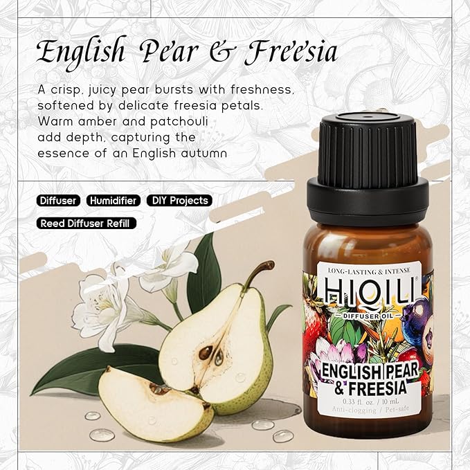 HIQILI Diffuser Oil for Humidifier & Reed Diffusers, Suitable for Home and Other Scenarios, Long Lasting Scent - English Pear & Freesia, 0.34 Fl Oz