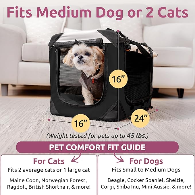 Soft-Sided Cat & Dog Pet Carrier, Large 24"x16"x16", Fits Large Cat, 2 Cats, or Medium Dog Comfortably, Great for Travel & Vet Visits, Privacy Windows, Removable Bed, Locking Zippers, Foldable