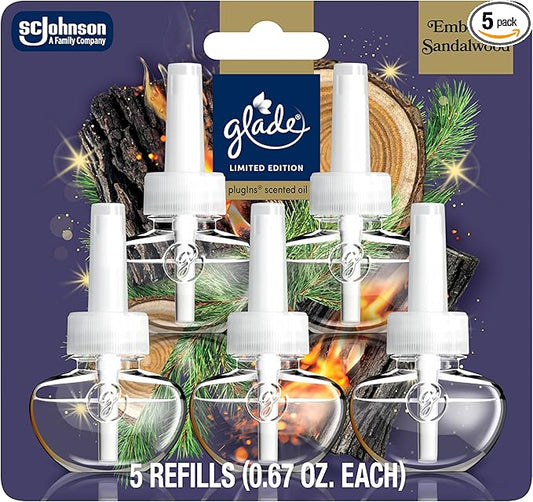Glade PlugIns Refills Air Freshener, Embers & Sandalwood, Scented and Essential Oils for Home and Bathroom, 0.67 Fl Oz, 5 Count