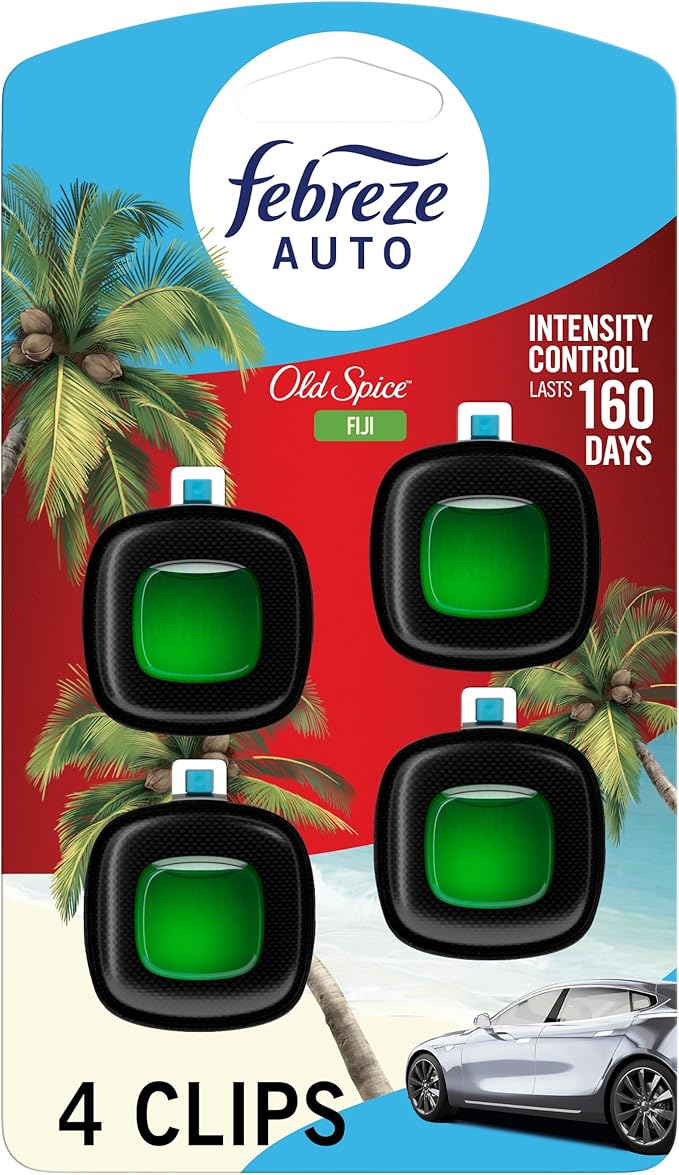 Febreze Car Air Freshener Vent Clip Old Spice Fiji Scent, .07 oz. Car Vent Clip, Pack of 4
