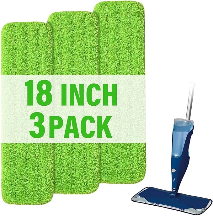 18 inch Mop Pads Refills, 3 Pack Microfiber Reusable Replacement Mop Pads Flat Replacements Heads for Wet Or Dry Floor Cleaning and Scrubbing, Green Cloth