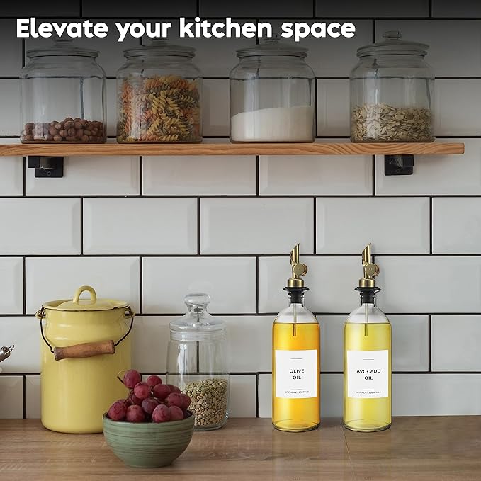 Olive Oil Dispenser Bottle - Includes 55 Kitchen Essential Labels - Cooking Oil Bottles for Kitchen, Coffee Syrup Dispenser - Pourer Spout with 16.9 fl oz Glass Container Cruet - 2pcs, Gold