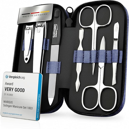 Manicure Set Solingen Made in Germany - 7 Piece Exclusive Finger & Toe Nail Clippers Kit for Women and Men in Vegan Leather Case, Color Jeans