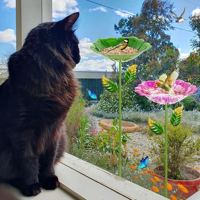 2 Pack Bird Bath for Outside, 31.3" H Metal Birdbaths, 10.63" Dia Garden Flower Bird Water Bowl, Freestanding Hummingbird Bath for Outdoors Garden Patio Yard Decor (Red,Green)