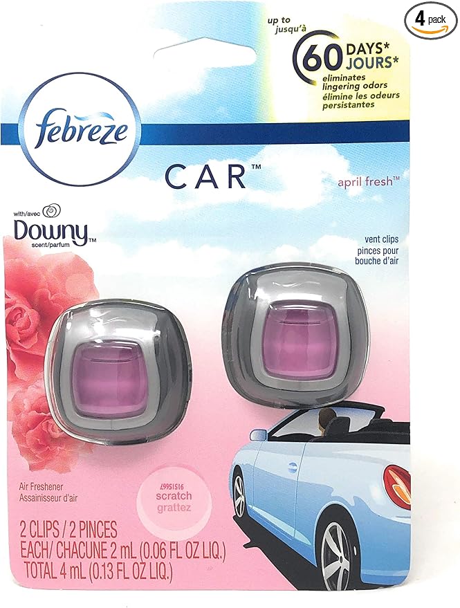 Febreze Car Odor-Eliminating Air Freshener, Downy April Fresh scent, 2 count (Pack of 4)