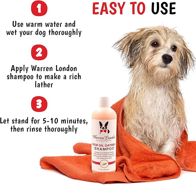 Warren London Neem Oil with Oatmeal Dog Shampoo - Deep Cleansing & Moisturizing for Sensitive Skin - Itch Relief & Odor Control - Made in USA - 17 oz