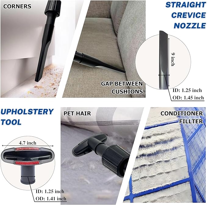 1.25 Inch Vacuum Brush Attachment Kit with Hose Adapter - Fit Vacuums Using 1-1/4'' Accessories (Wand/Hose Outer Diameter 1.25'') - For Small Shop Vacs: Horse Hair Dust Brush and More (6 Pack)