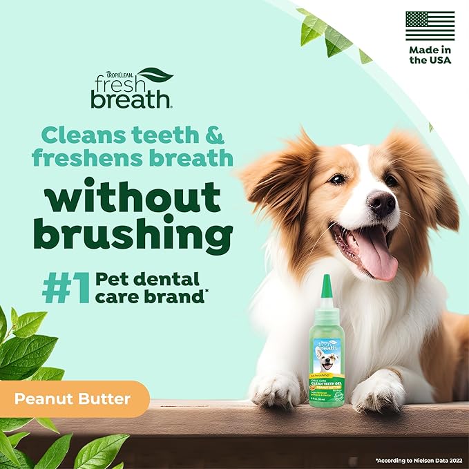 TropiClean Fresh Breath Dog Toothpaste for Teeth Cleaning, Breath Freshener, Easy Plaque & Tartar Remover Gel, No Toothbrush Needed, Peanut Butter, 2oz.