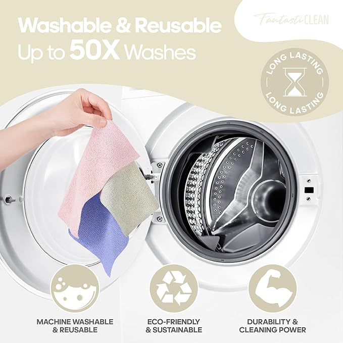 Fantasticlean Microfiber Cleaning Cloth Roll -60 Pack, Tear Away Paperless Towels, 8" x 8", Reusable Washable Rags, for Home Kitchen, Pet, Office, Indoor Outdoor, Compact and Portable (Off-White)