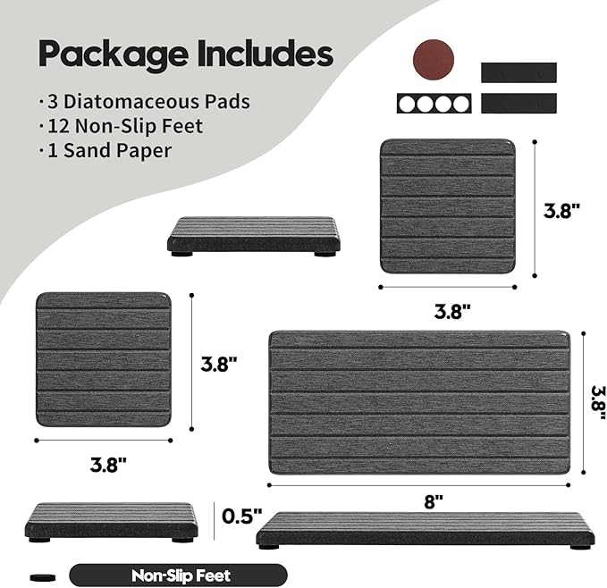 3 Pack Diatomite Stone Sink Tray, Water Absorbing Mat for Kitchen & Bathroom Counter, Quick Dry Soap Dish Makeup Vanity Caddy,Sponge Holder Organizer, Dark Gray 1pc of 8"x 3.8" and 2pcs of 3.8"x 3.8"