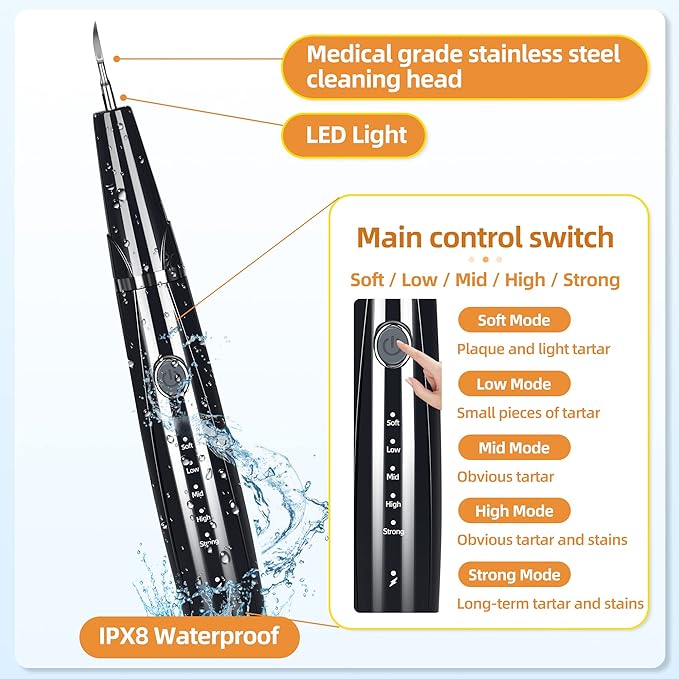 Ultrasonic Dog Plaque and Tartar Remover, Teeth Cleaning Kit for Pets, Rechargeable Dental Scraper for Pets, 5 Modes with 3 Cleaning Heads and LED Light