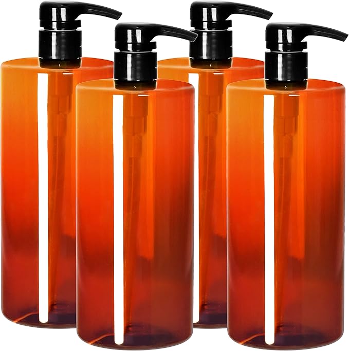 Youngever 4 Pack Pump Bottles for Shampoo 32 Ounce (1 Liter), Amber Shampoo Pump Bottles, Plastic Cylinder with Lockdown Leak Proof Pumps