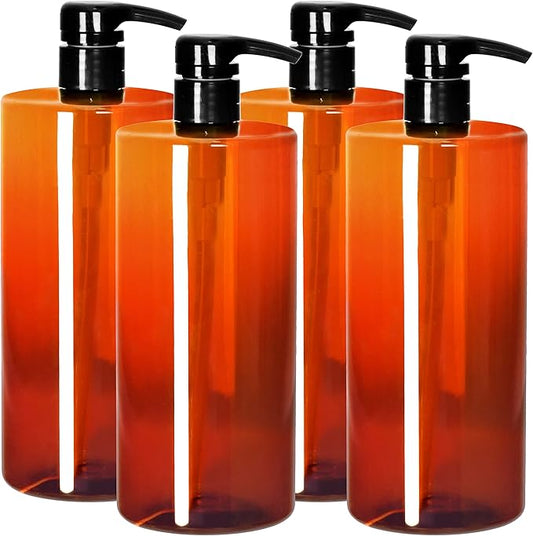Youngever 4 Pack Pump Bottles for Shampoo 32 Ounce (1 Liter), Amber Shampoo Pump Bottles, Plastic Cylinder with Lockdown Leak Proof Pumps
