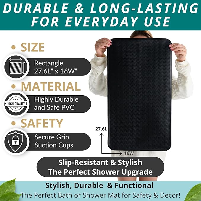 ENKOSI Non Slip Bath Mat for Tub and Shower Floors – Anti Slip Shower Mat with Secure Suction Cup Grip – Soft Black Bathtub Mat for Inside Tubs and Bathroom Shower Stalls (28x16 Black)