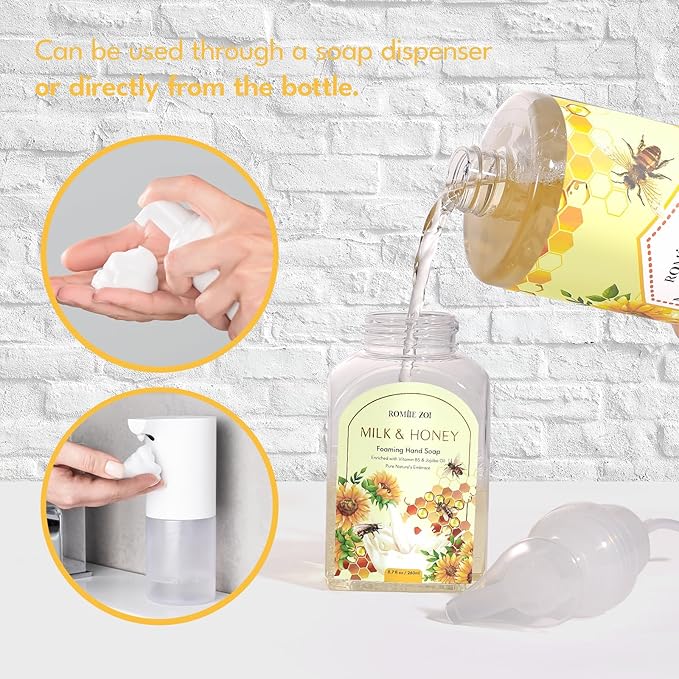ROMIIE ZOI Foaming Hand Soap Refill Gift Set – Honey & Milk Scent – 3 Pack (1000ML Each) with Dispenser – Gentle & Moisturizing Plant-Based Formula – Bulk Refill Bottles for Bathroom & Kitchen Use