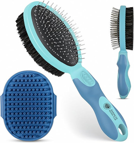 AKC - Double-Sided Grooming Brush for Dogs & Cats |Soft Bristles & Stainless Steel Pins for Removing Tangles, Shedding & Loose Fur |Gentle on Skin | Comfortable Grip Handle for Easy Brushing & Bathing